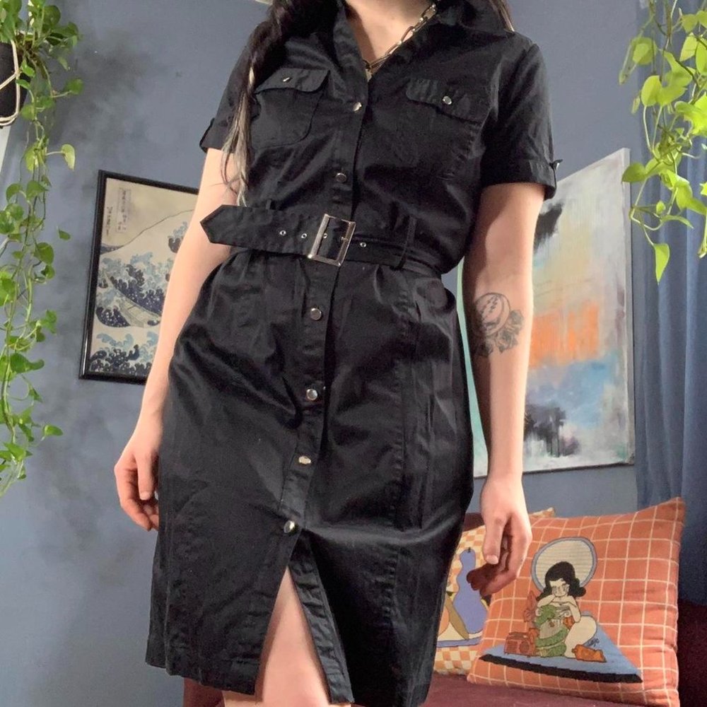 Simple Black And Silver Button Down Belted Dress - image 1